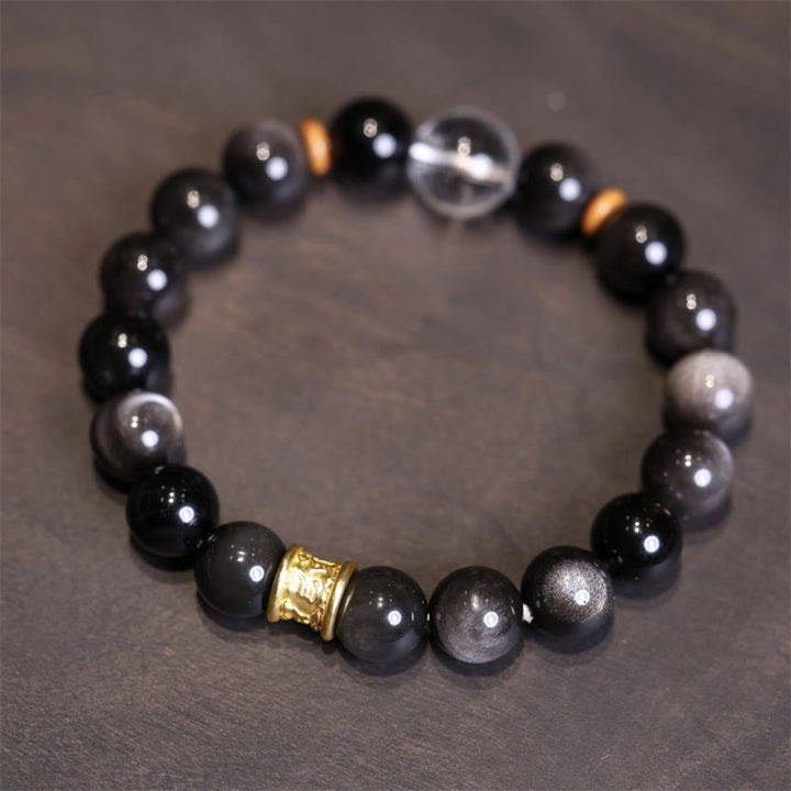 Buddha Stones天然銀光沢黒曜石クリスタルオーム・マニ・パドメ・フムビーズ守護ブレスレット