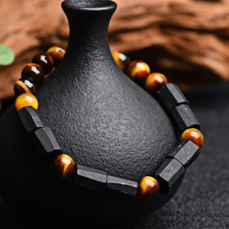 Buddha Stones天然ブラックトルマリン タイガーアイ ポジティブブレスレット