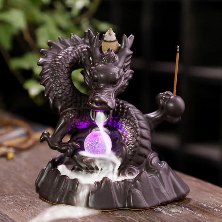 Buddha Stones縁起の良い龍 セラミック 逆流煙噴水 瞑想 癒し 香炉 LED ボール 装飾