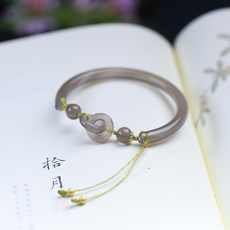 Buddha Stones天然グレー瑪瑙ダブル平和のお守りチャームバランスブレスレットバングル