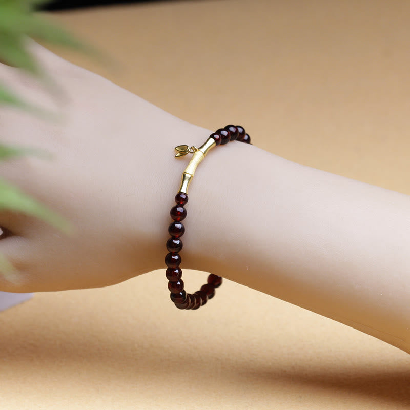 Buddha Stones 14K銅メッキゴールド 925スターリングシルバーメッキゴールド天然ガーネット竹保護ブレスレット