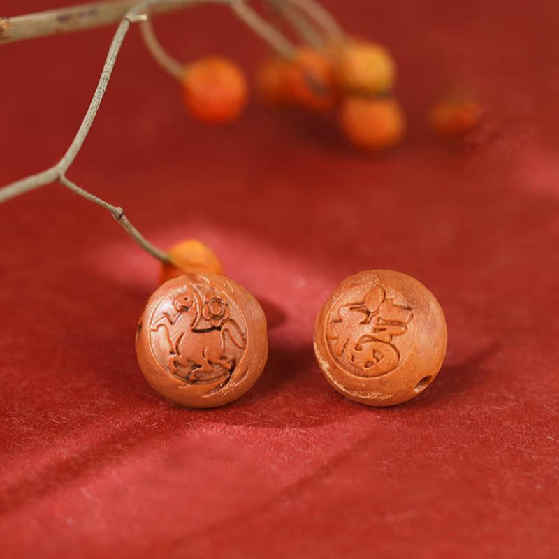 Buddha Stones天然桃の木 十二支 福の字 彫刻 辰砂開運財運ブレスレット