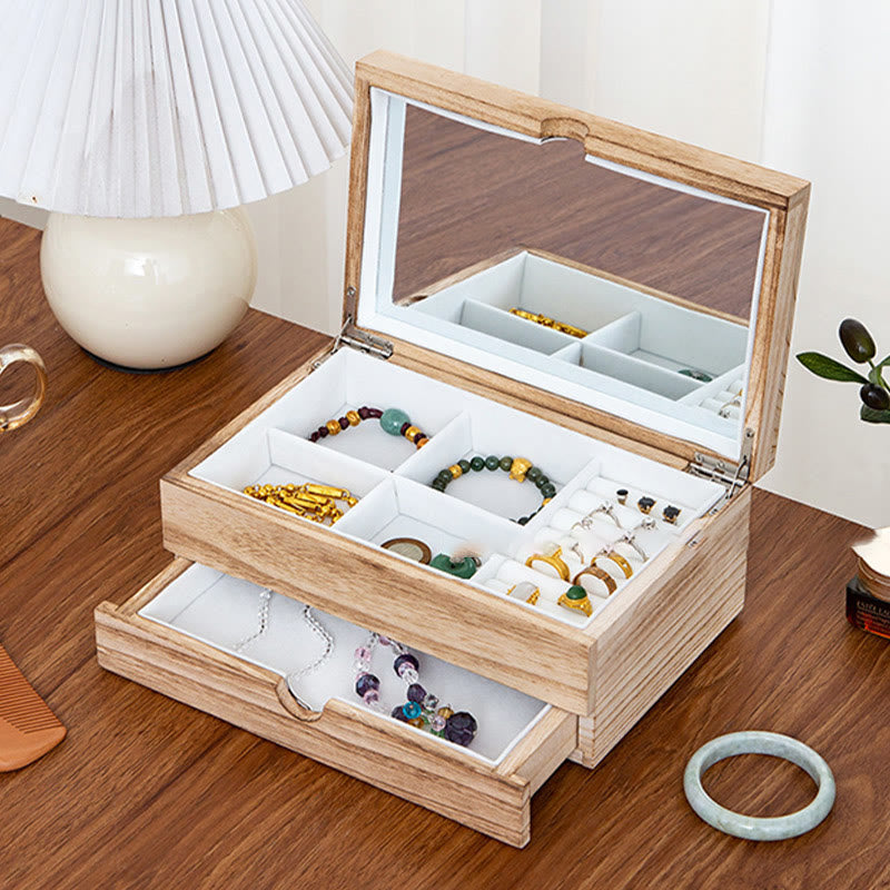 Buddha Stonesレトロ ベージュ 木製ジュエリーボックス 2層式 ジュエリー収納ボックス ミラー付き - image 3