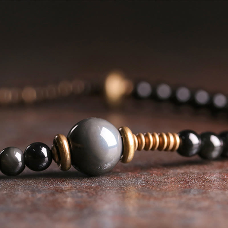 Buddha Stonesレインボーオブシディアン 黒檀 木 銅 ポジティブ マルチレイヤーブレスレット