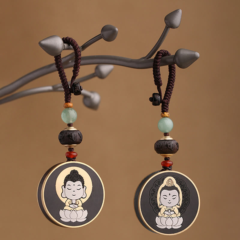 Buddha Stones黒檀木材ローズウッド仏観音菩薩Om Mani Padme Humバランス車のキーチェーン装飾