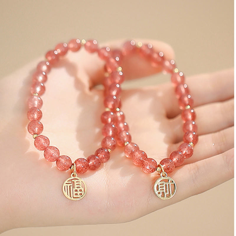 Buddha Stones14Kゴールドメッキ ストロベリークォーツ フーキャラクター ヒーリングチャームブレスレット