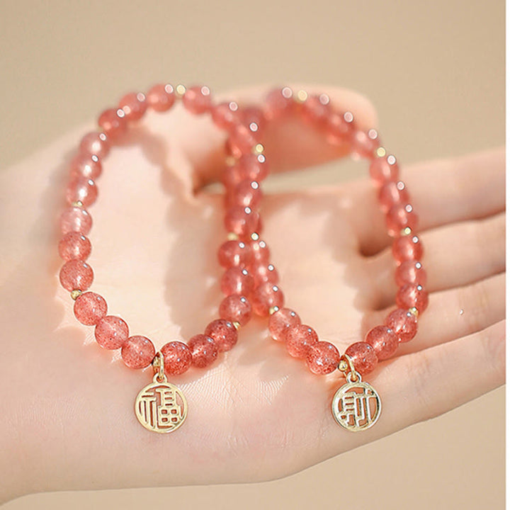 Buddha Stones14Kゴールドメッキ ストロベリークォーツ フーキャラクター ヒーリングチャームブレスレット