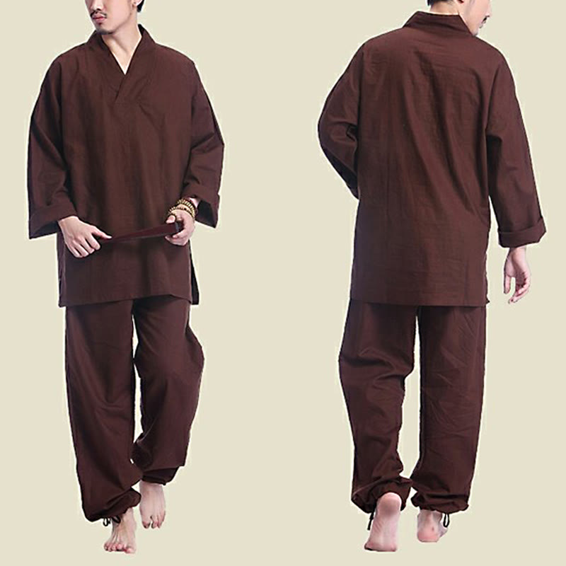 Buddha Stones瞑想祈りVネックデザインコットンリネンスピリチュアル禅練習ヨガウェアメンズセット - image 2