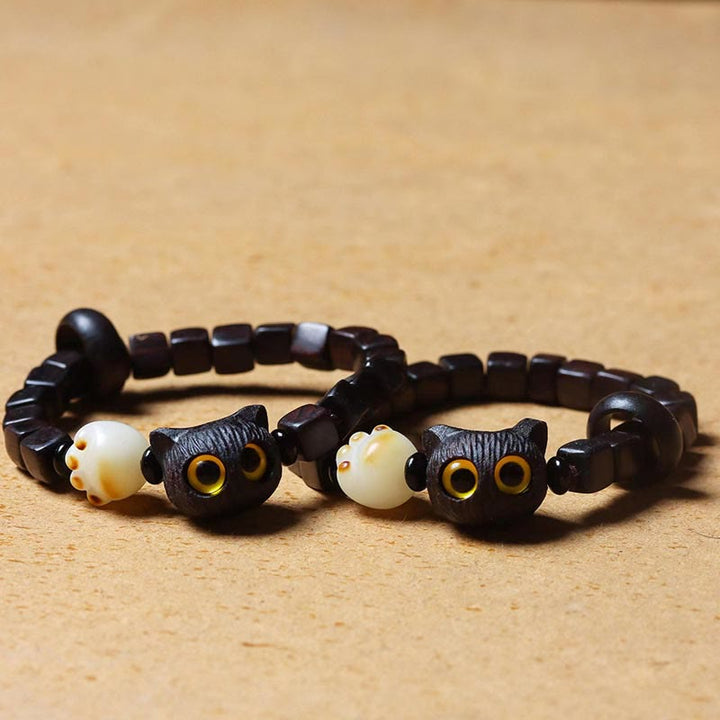 Buddha Stones黒檀かわいい猫 菩提樹 足爪 スクエアビーズ 落ち着いたブレスレット - image 4