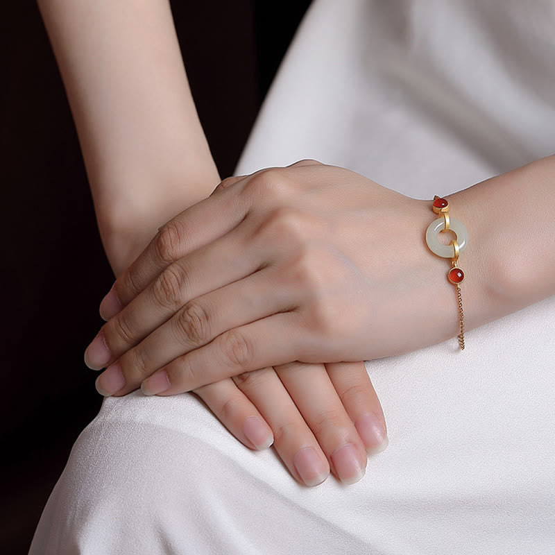 Buddha Stones 925スターリングシルバー ゴールドメッキ 天然和田翡翠 平和バックル 赤瑪瑙 幸運ブレスレット