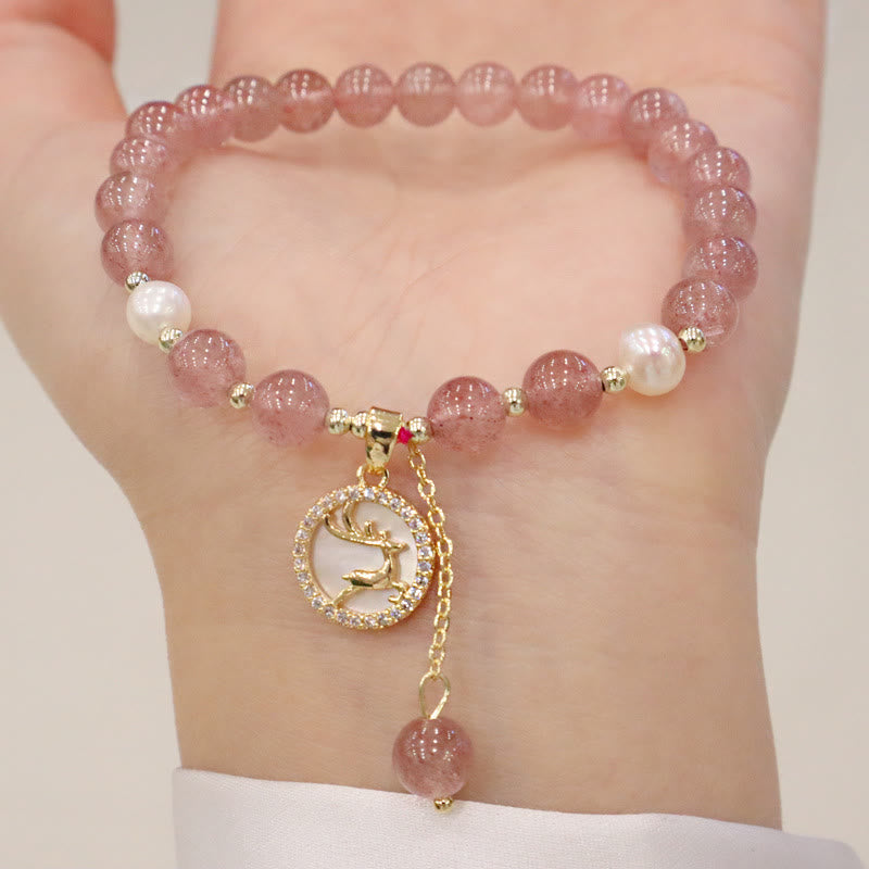 Buddha Stonesストロベリークォーツパール エルク スマイリーフェイス フィッシュテール フーキャラクターチャーム ヒーリングブレスレット