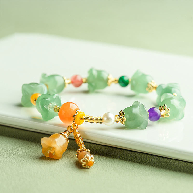 Buddha Stonesグリーンアベンチュリン マグノリアフラワー 幸運ブレスレット