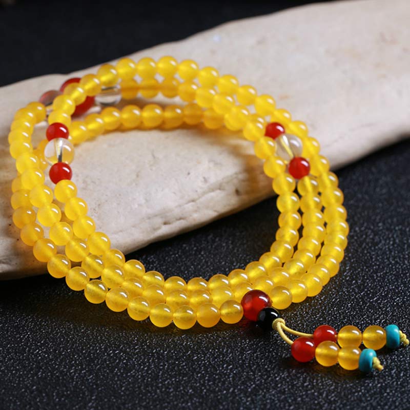 Buddha Stones 108 個入りMalaビーズ イエローカルセドニー ハーモニーブレスレット