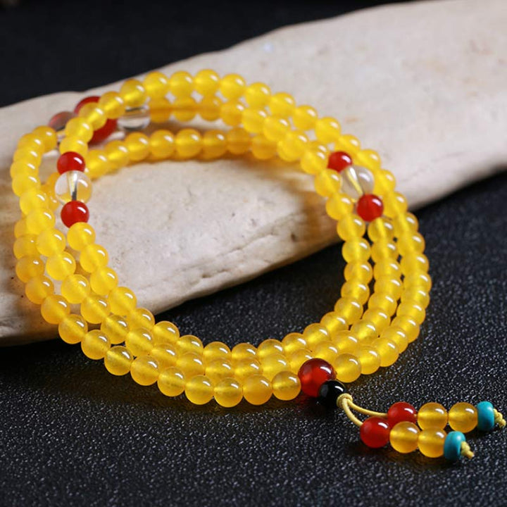 Buddha Stones 108 個入りMalaビーズ イエローカルセドニー ハーモニーブレスレット
