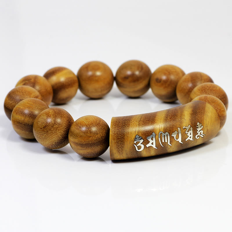 Buddha Stones999 スターリングシルバー グリーンサンダルウッドオーム・マニ・パドメ・フムドラゴンフェニックス ダルマチャクラ象嵌 平和ブレスレット