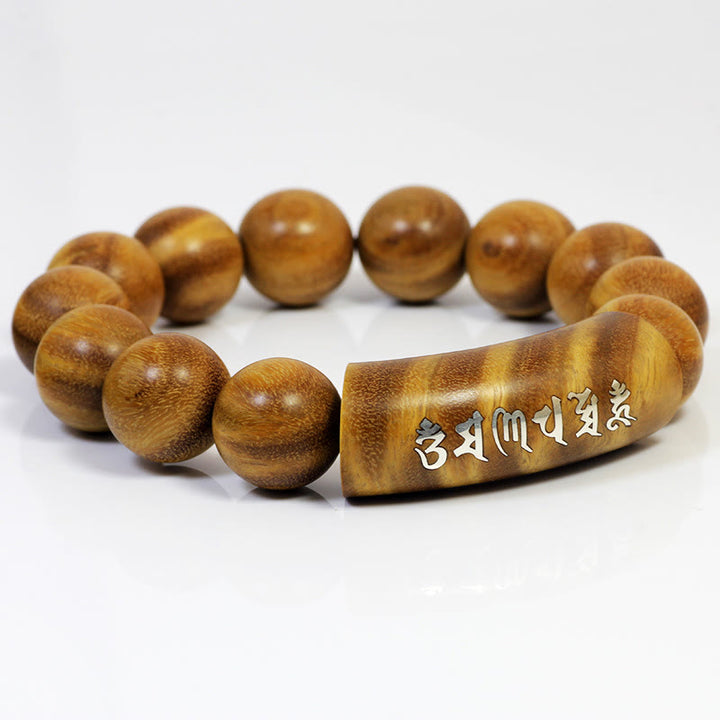 Buddha Stones999 スターリングシルバー グリーンサンダルウッドオーム・マニ・パドメ・フムドラゴンフェニックス ダルマチャクラ象嵌 平和ブレスレット