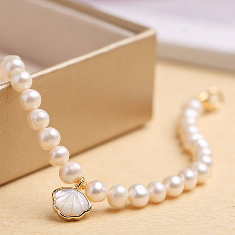 Buddha Stones14Kゴールドメッキ 天然パールクリスタルシェルチャームビーズブレスレット