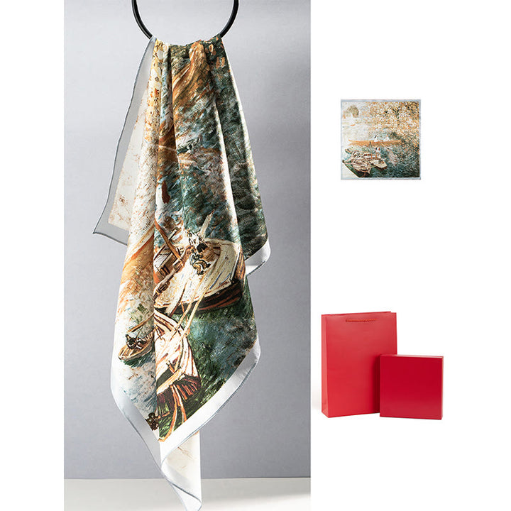 Buddha Stonesジャングル油絵吉兆雲100%マルベリーシルクスカーフプレミアムグレード6A両面シルクネックスカーフ - 油絵の世界（少女と船） - image 16