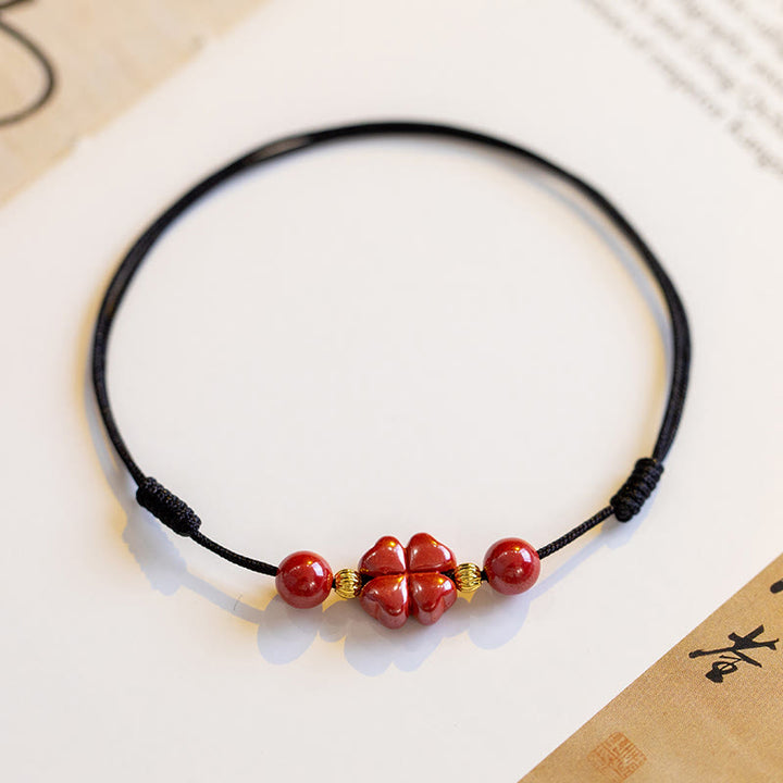 Buddha Stones四つ葉のクローバー 辰砂 祝福 静寂 紐 ブレスレット アンクレット
