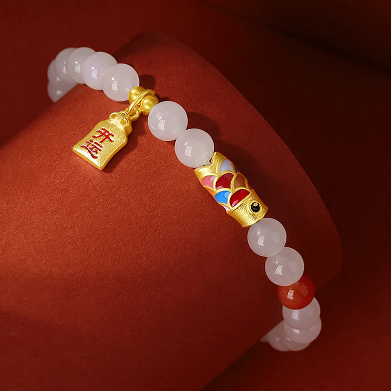 Buddha Stones925 スターリングシルバー 和田白翡翠 赤瑪瑙 鯉 幸運 幸福 ブレスレット