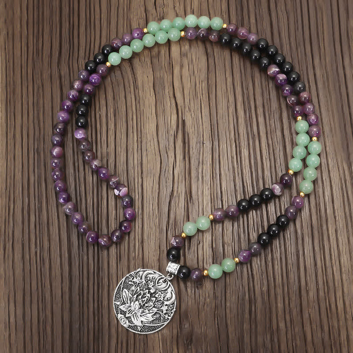 Buddha Stones 108Malaビーズ アメジスト グリーン アベンチュリン ロータス 瞑想ブレスレット