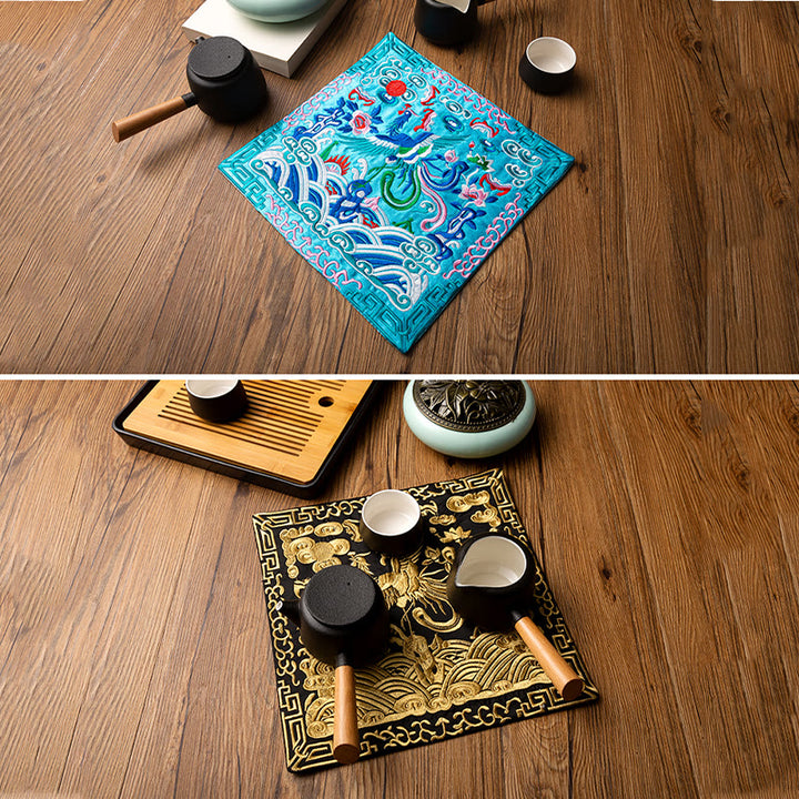 Buddha Stones鳳凰龍 麒麟刺繍 カップマットパッド ティーカップコースター カンフーティーマット