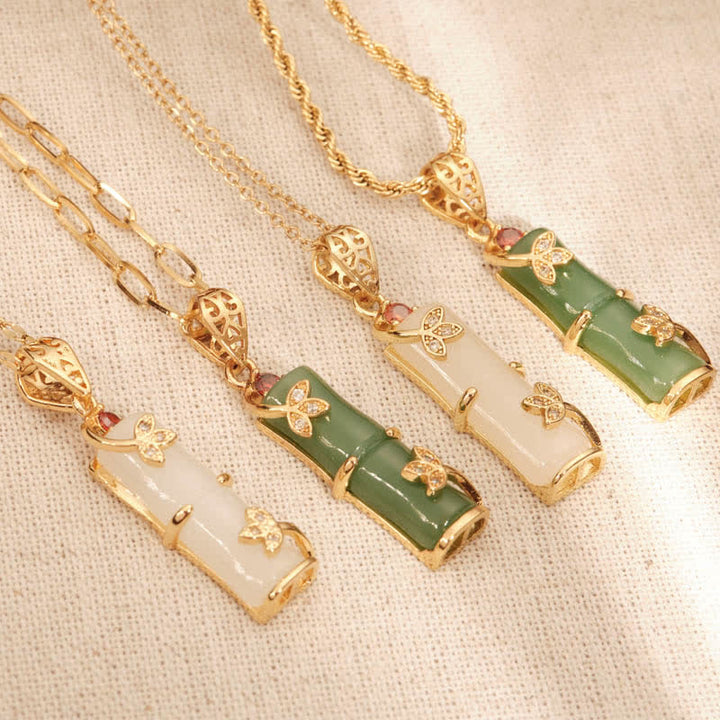 Buddha Stones 白翡翠と青翡翠 竹モチーフ 守護ネックレス（幸運のお守り）