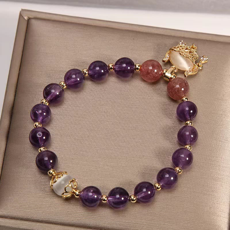 Buddha Stones天然アメジスト ストロベリークォーツ キャッツアイ 中国ロックチャーム ヒーリングブレスレット - image 2
