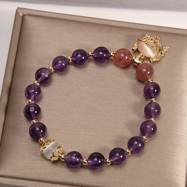 Buddha Stones天然アメジスト ストロベリークォーツ キャッツアイ 中国ロックチャーム ヒーリングブレスレット - image 2