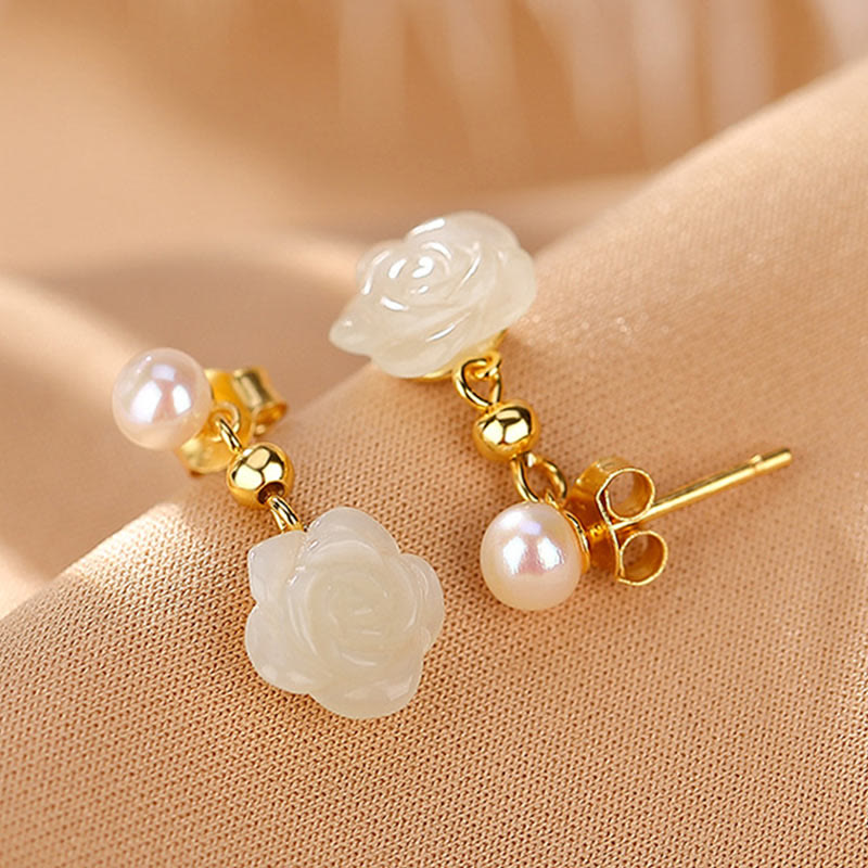 Buddha Stones 925スターリングシルバーメッキゴールド翡翠ローズフラワーシアン翡翠パール幸運イヤリング