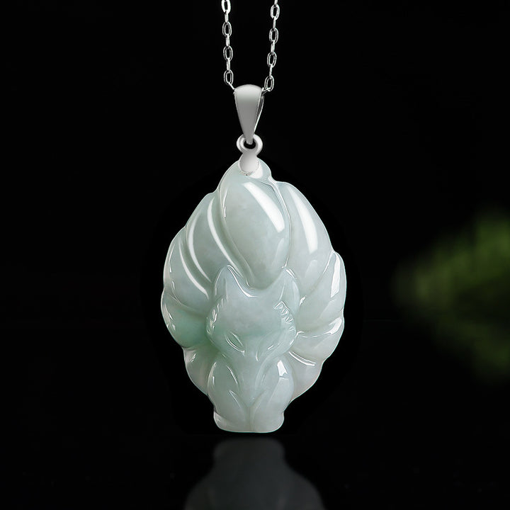 Buddha Stones 925スターリングシルバー 天然翡翠 九尾狐 繁栄のネックレスペンダント