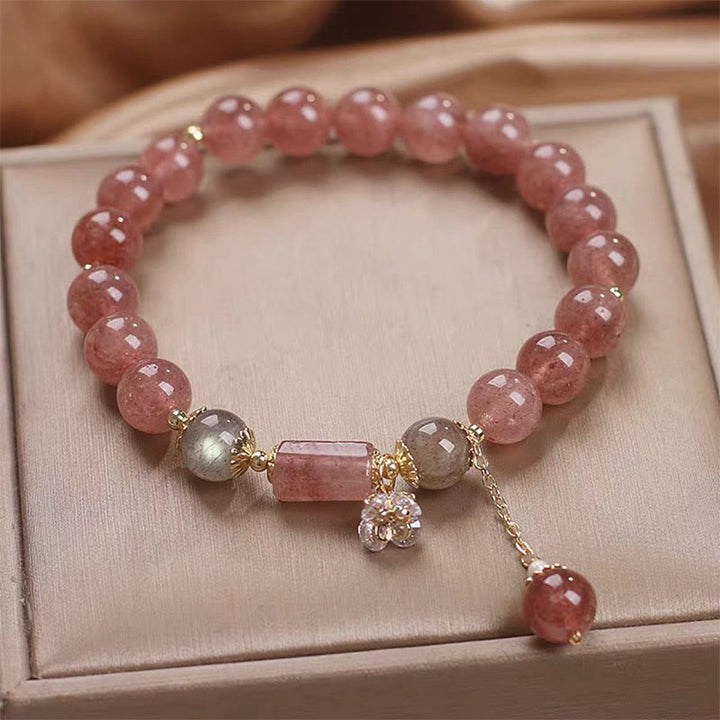 Buddha Stones天然ストロベリークォーツ ジルコンフラワー ポジティブチャームブレスレット