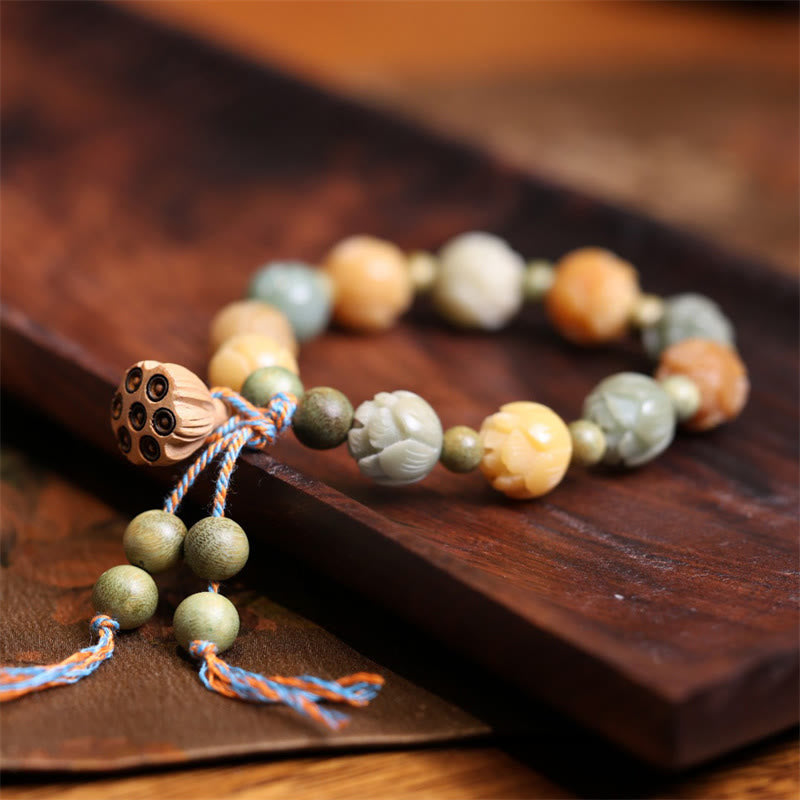 Buddha Stones菩提樹の実 蓮 緑白檀 知恵の調和ブレスレット