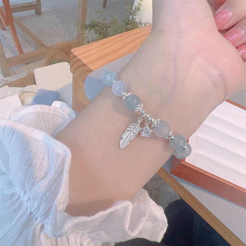 Buddha Stones 925スターリングシルバー アクアマリン キャッツアイ ヒーリングフェザースターチャームブレスレット