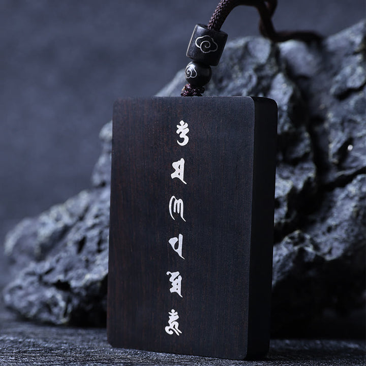 Buddha Stones999 スターリングシルバー小葉紫檀黒檀オーム・マニ・パドメ・フム象嵌 守護ネックレスペンダント - 黒檀4*6*1cm - image 14