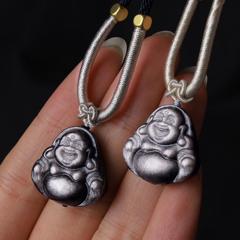 Buddha Stones天然銀光沢黒曜石 笑う仏陀 守護ネックレスペンダント - image 9