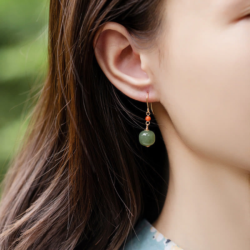 Buddha Stones 925スターリングシルバー 14Kゴールドメッキ 和田翡翠 赤瑪瑙 幸運の雫 ダングルイヤリング