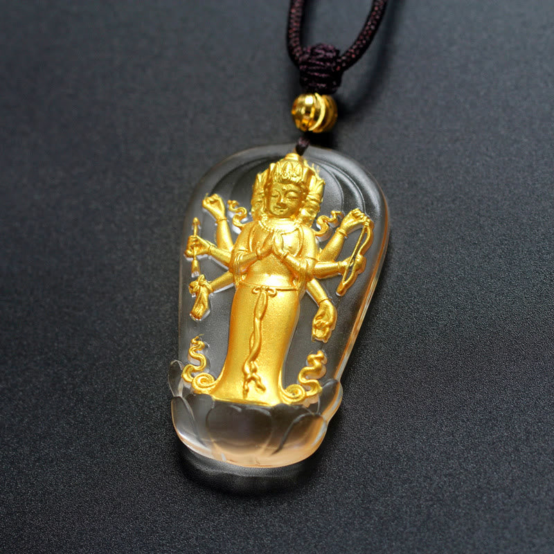 Buddha Stonesチベット 八臂観音 仏像 金メッキ 琉璃水晶 富のネックレスペンダント