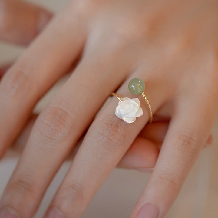 Buddha Stones14K ゴールドメッキ シャコガイ石 ローズフラワー 翡翠ビーズ 祝福リング