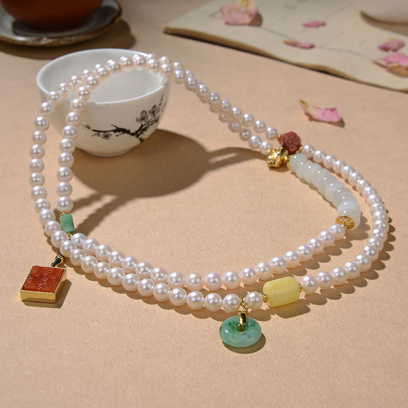 Buddha Stones 925スターリングシルバーパール和田翡翠レッドアゲートダブルハピネスアンバーラッキー4重ラップブレスレット