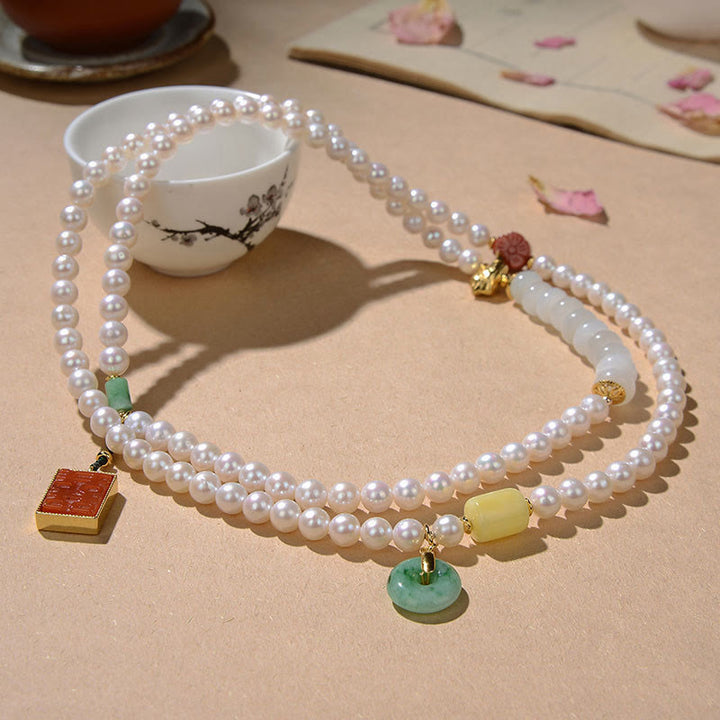 Buddha Stones 925スターリングシルバーパール和田翡翠レッドアゲートダブルハピネスアンバーラッキー4重ラップブレスレット