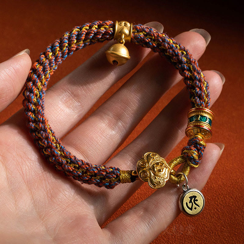 Buddha Stones925 スターリングシルバー十二支誕生仏オーム・マニ・パドメ・フム幸運の鐘 編み込みストリングブレスレット