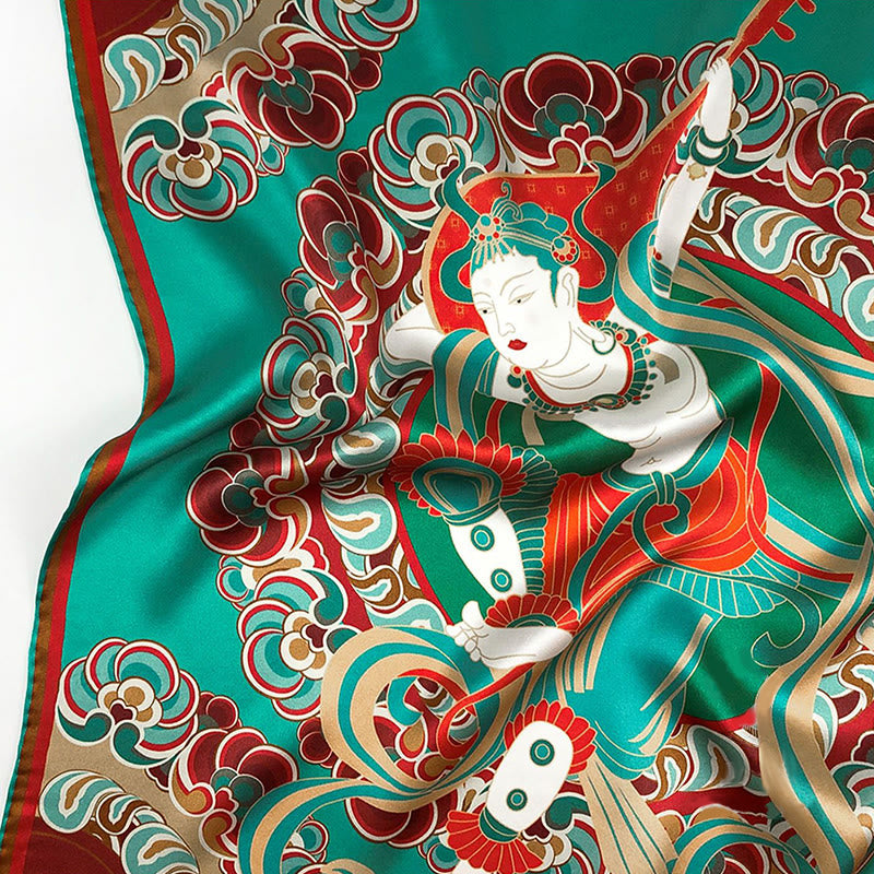 Buddha Stones敦煌 反芻 琵琶 飛翔 フレスコ画 100% 桑絹 スカーフ 高級 6A 敦煌 ショール