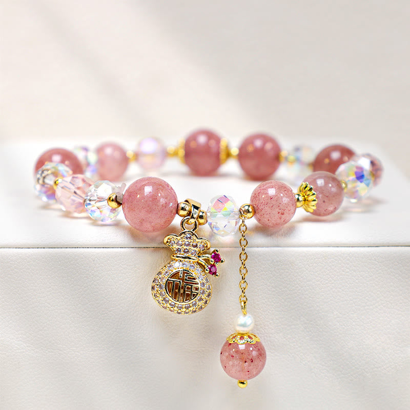 Buddha Stones 天然ストロベリークォーツ マネーバッグチャーム付き ポジティブブレスレット