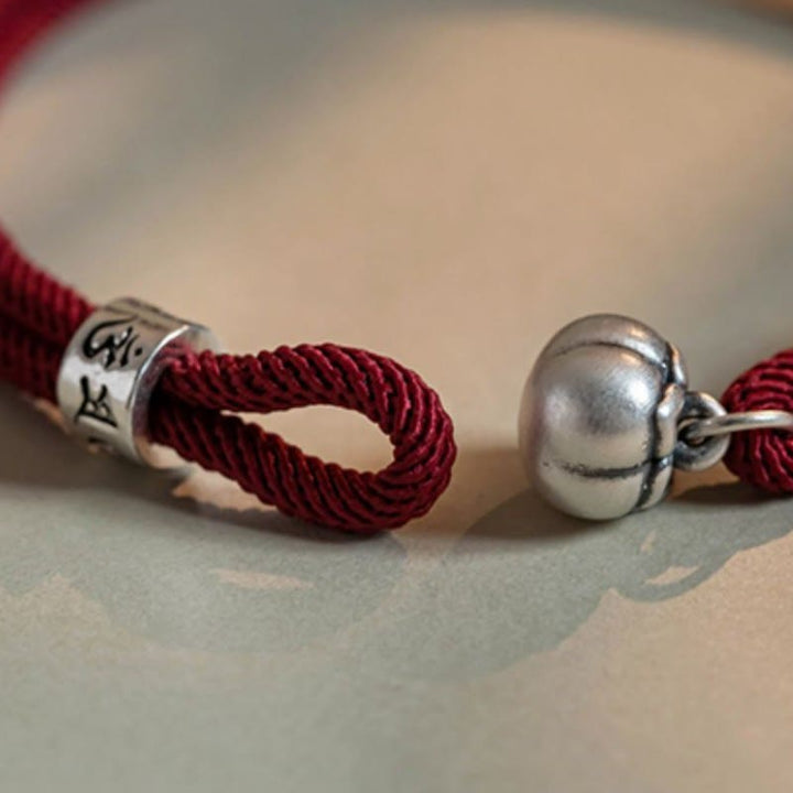 Buddha Stones925 スターリングシルバー チベット ハンドメイドオーム・マニ・パドメ・フム柿チャーム 幸運の守護 編み込みブレスレット