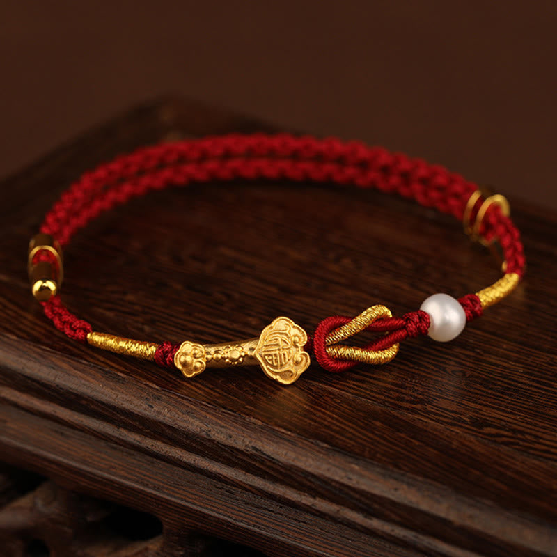 Buddha Stones24K ゴールド ウィッシュ 如意 ハンドル 福 キャラクター ウサギ パール 幸運 編み込み ブレスレット