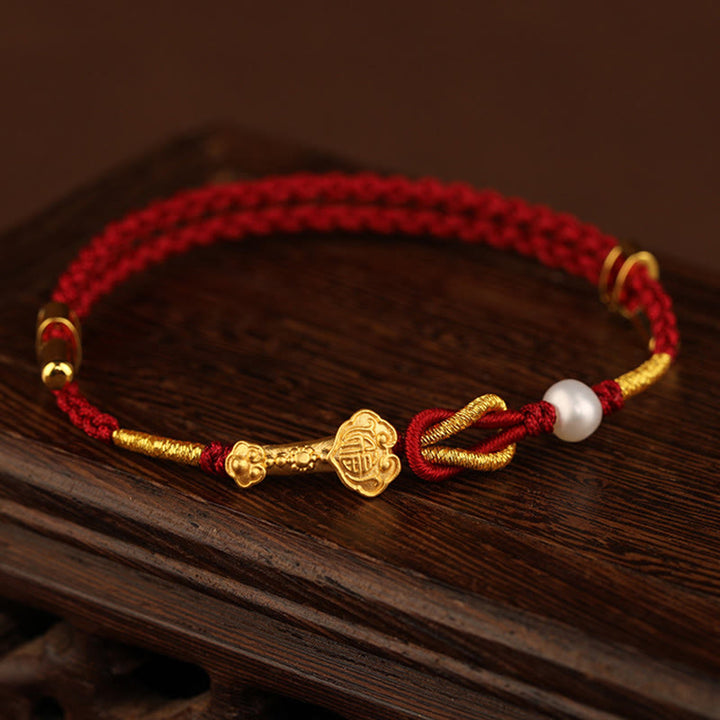 Buddha Stones24K ゴールド ウィッシュ 如意 ハンドル 福 キャラクター ウサギ パール 幸運 編み込み ブレスレット