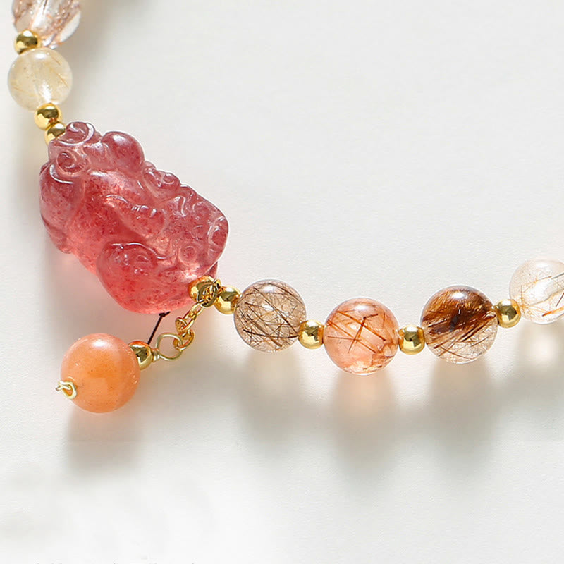 Buddha Stones天然ルチルクォーツ ストロベリークォーツ 貔貅開運財運ブレスレット
