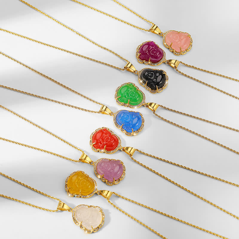 Buddha Stones18K ゴールドフィルド 笑う仏陀 翡翠 幸運のネックレスチェーンペンダント - image 1