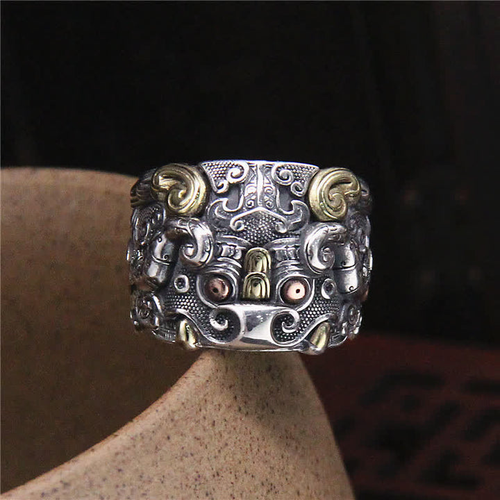 Buddha Stones925 スターリングシルバー 風水 魁 牛守 調節可能リング